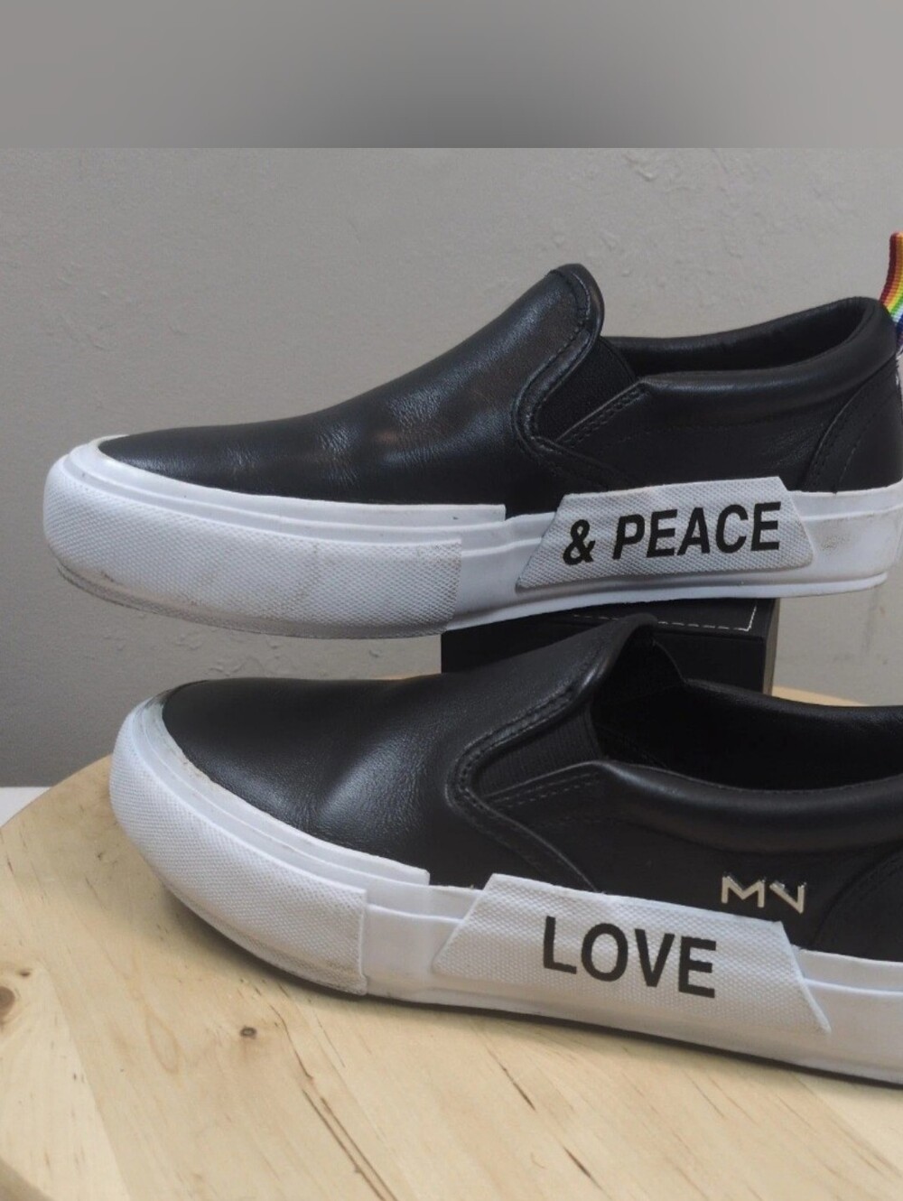 Mark Nason LA Women's Black Leather Slip On Love & Peace Pride Sneakers Size 6.5